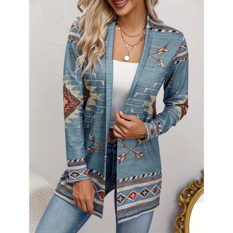 Western Ethnic Print Open Front Cardigan, Casual Long Sleeve Loose Cardigan, Women'S Clothing