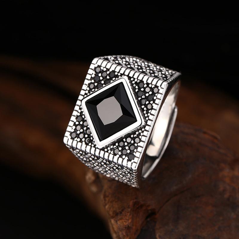 Silver Colored Ring, Retro Black Stone Opening, Retro Trend, Personalized Men's and Women's Jewelry