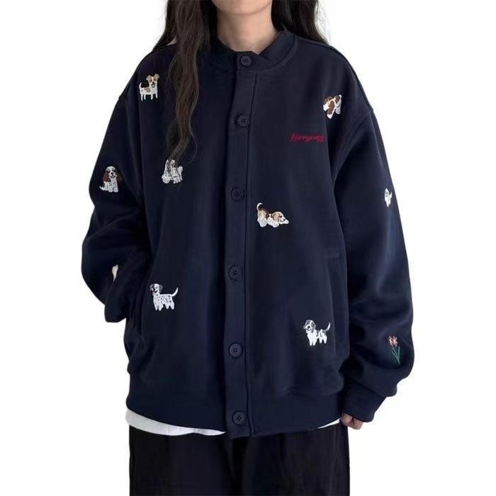 Retro Grey Dog Embroidered Baseball Collar Women s 2025 Autumn College Jacket X-Large темно-синий