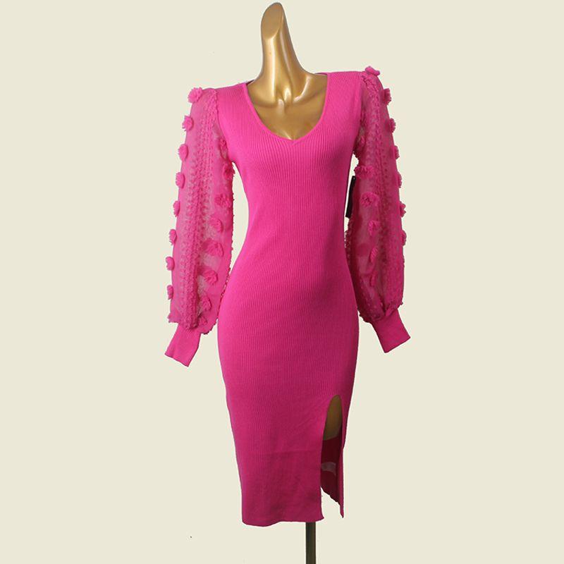 

American Brand Light Luxury Heavy Industry Embroidered Lantern Sleeve Hip Skirt Foreign Trade Original Order Temperament Sexy Knitted dress Pink M