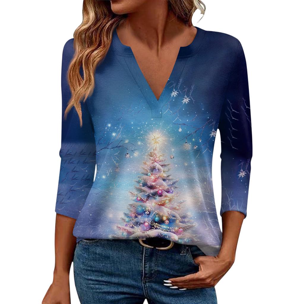 Women's Casual Fashionable Sexy Comfortable V-Neck Christmas Three-Quarter Sleeve Top