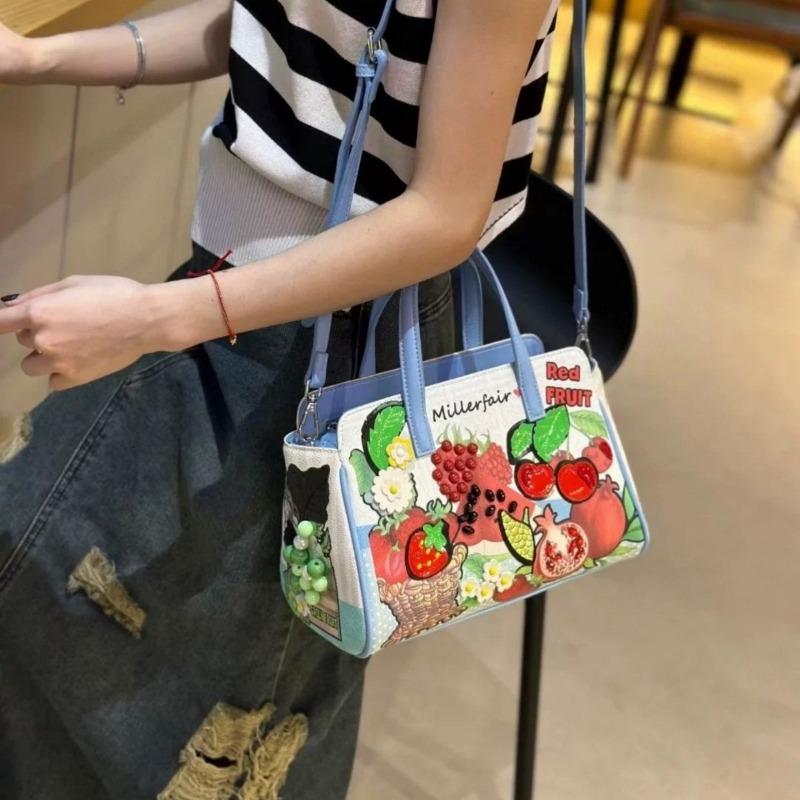 Женская сумка из высококачественной ПУ-кожи, практичная, двусторонняя, дамская сумка кроссбоди, модная, с пэчворком, свежая, милая, с фруктовой вышивкой, сумка-мессенджер синий