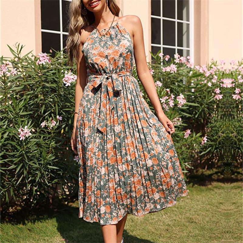 Women Vintage  Off Shoulder Flower Print Spaghetti Strap Dress Hem Slim Waist Slit Irregular Long Dresses Sling Vestido