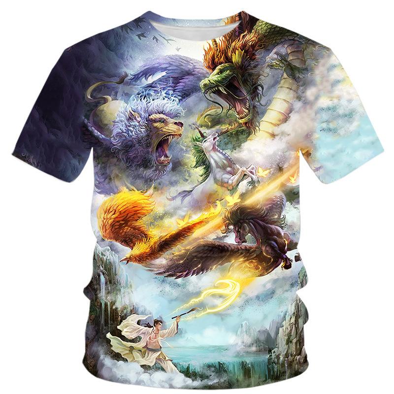 Summer Round Neck 3D Dragon Pattern Print Top Fashionable Casual Short Sleeved Men's T-shirts