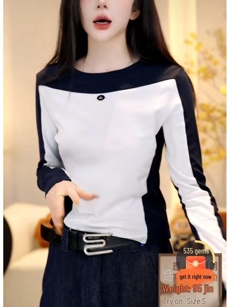 Autumn/Winter 2025 Women's Colorblock Slim Fit Long Sleeve T-Shirt