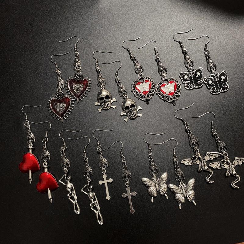 9x Goth Mysterious Drop Earring Jewelry Rose Heart for Butterfly Bat Skull for Cross Pendant Charm Vintage Earring For W