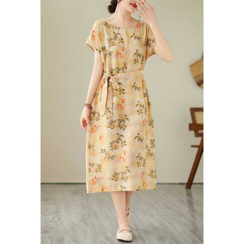 

Летние платья средней длины в этническом стиле со свободным поясом и принтом One Size