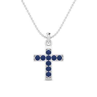 Blue Sapphire Religious Cross Pendant- 925 Sterling Silver
