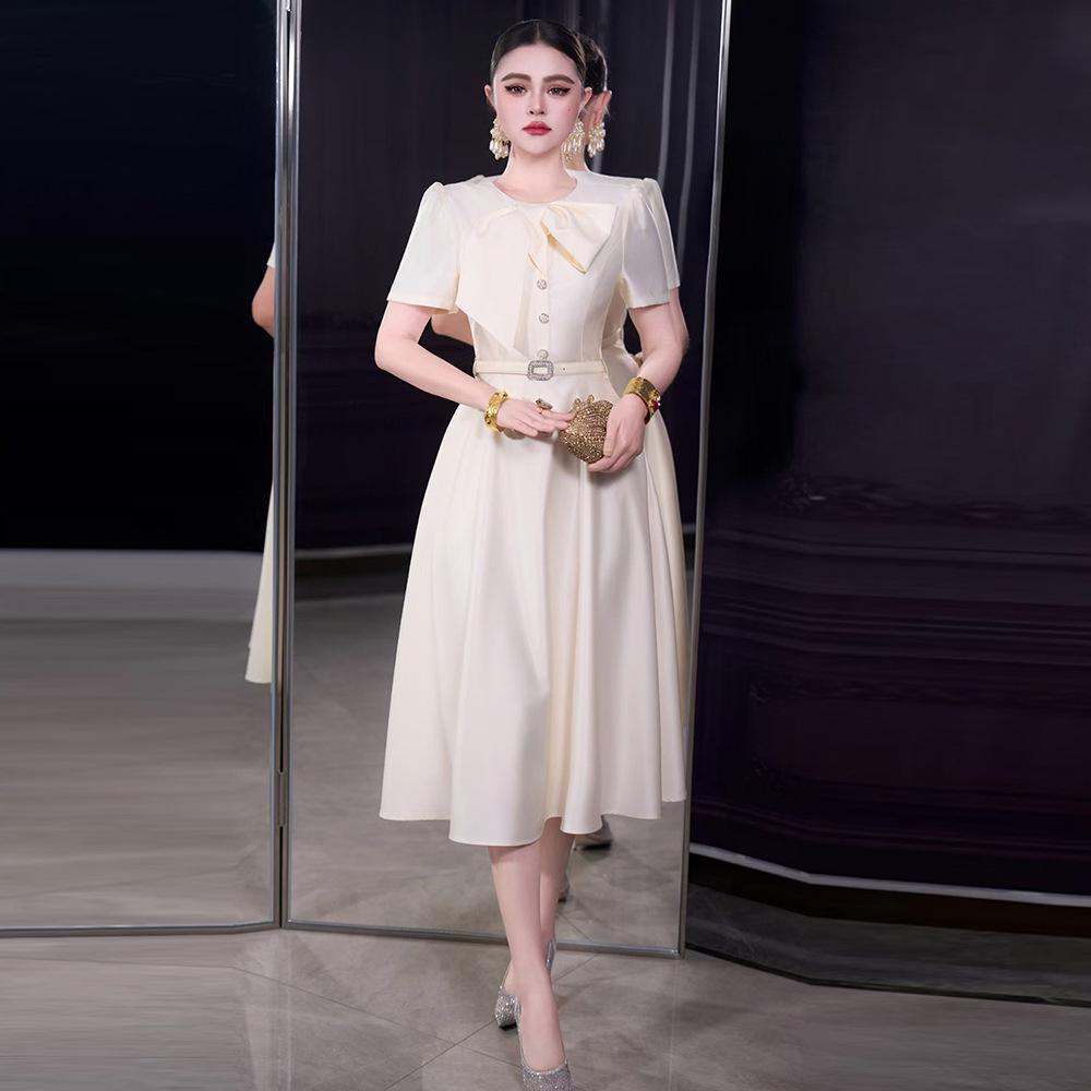 2026 French Spring/Summer Women's Retro Romantic Bowknot Short Sleeve Dress
