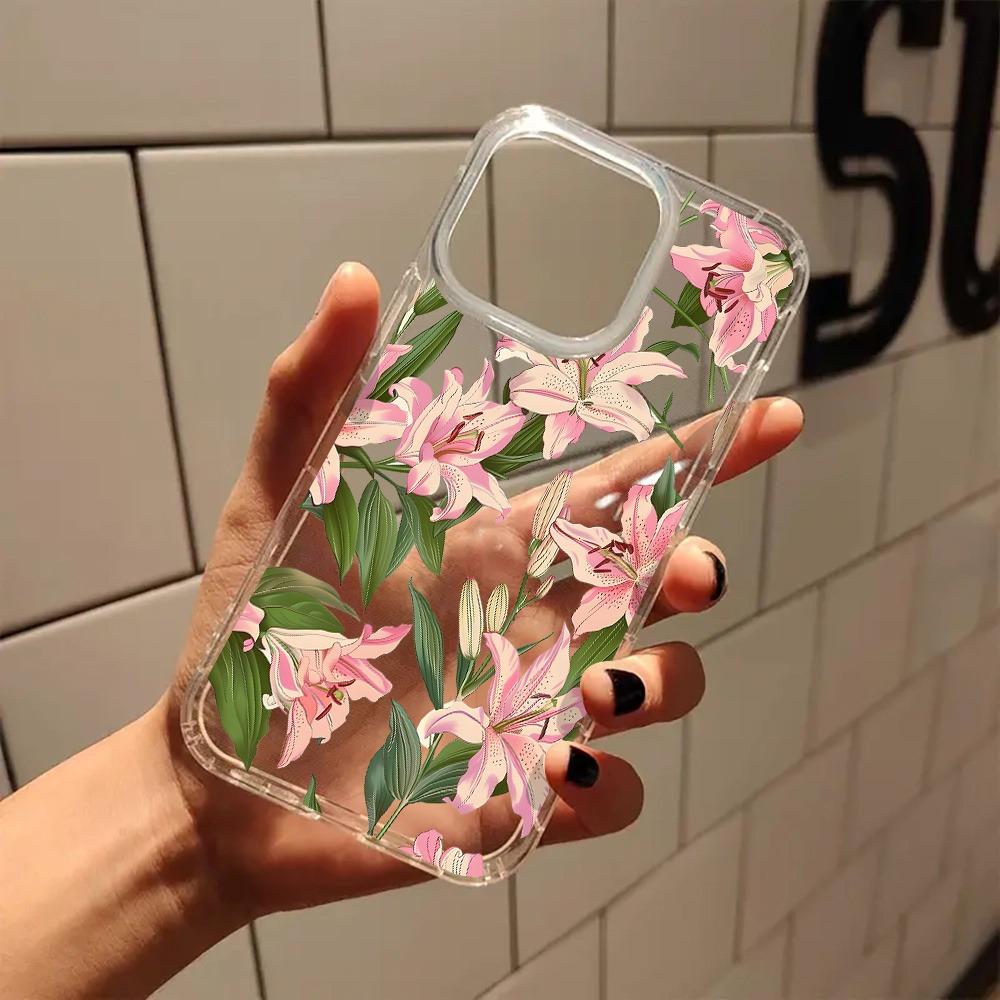 Transparent Pink Lily Flowers Phone Case For IPhone 16 11 12 13 14 15 17 Pro Max 16e 17e Plus Fashion Funda Durable Shell Cover