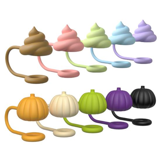 5Pcs Large Bore Silicone Straw Hat Cute Poop Pumpkin Design Dustproof Reusable 0.4 Inch Diameter Straw Hat