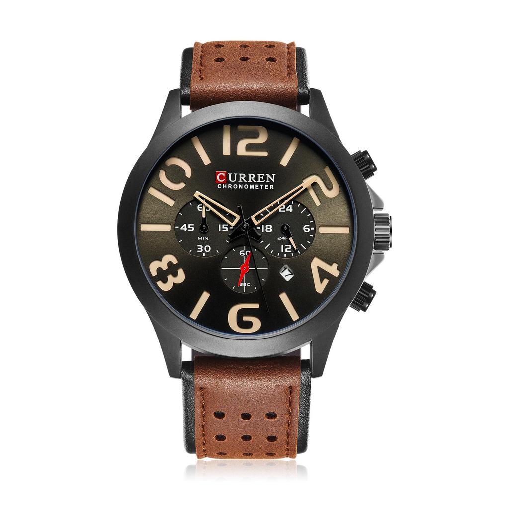 CURREN M8244 Men's Six-Hand Quartz Watch, Sporty Waterproof Design with Genuine Leather Strap and Single Calendar.