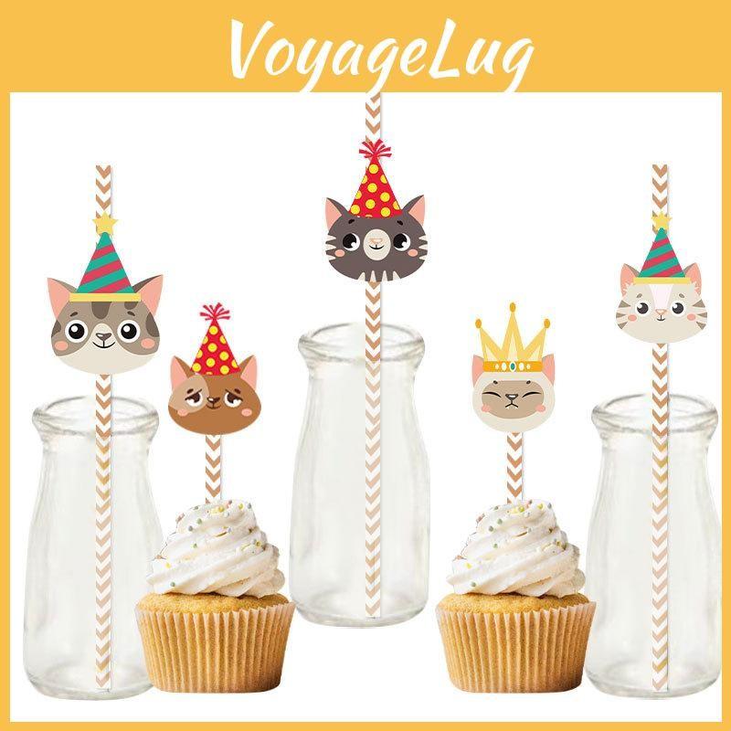 Childrens Cat Cartoon Party Supplies 24pcs Paper Straws For Event Festival Decor