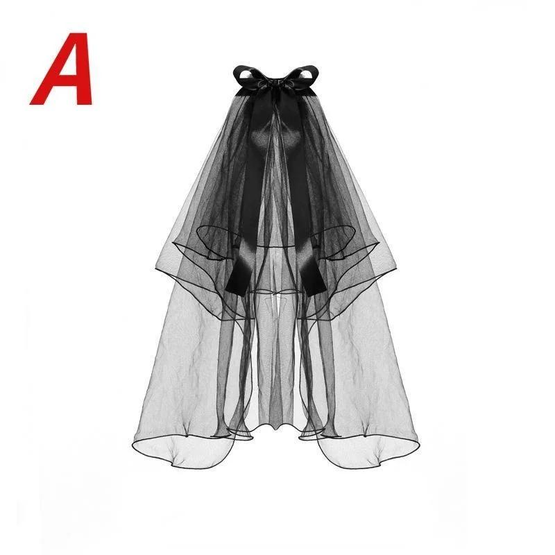 Xiaomi 2026 Halloween 2 Tier Veils for Brides Womens Layered Black Tulle Short Wedding Veil Veil with Bow Wedding Halloween Cosplay