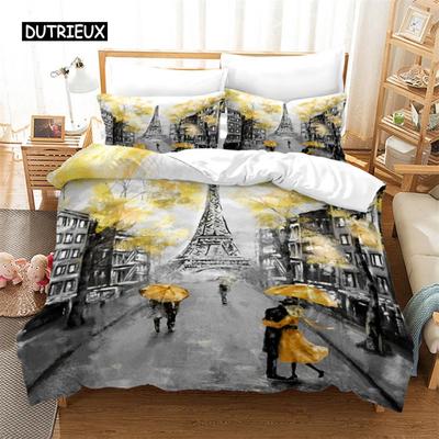 Capa de edredom Torre Eiffel Casal romântico Flor King Edredom Capa Microfibra França Paris Paisagem urbana Conjunto de cama para adolescentes