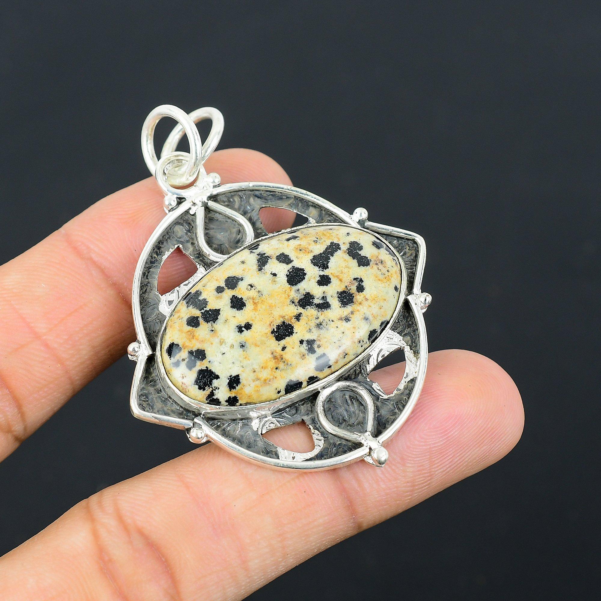 925 Silver Oval Dalmatian Jasper Stone Daughter Birthday Wedding Trendy Pendant
