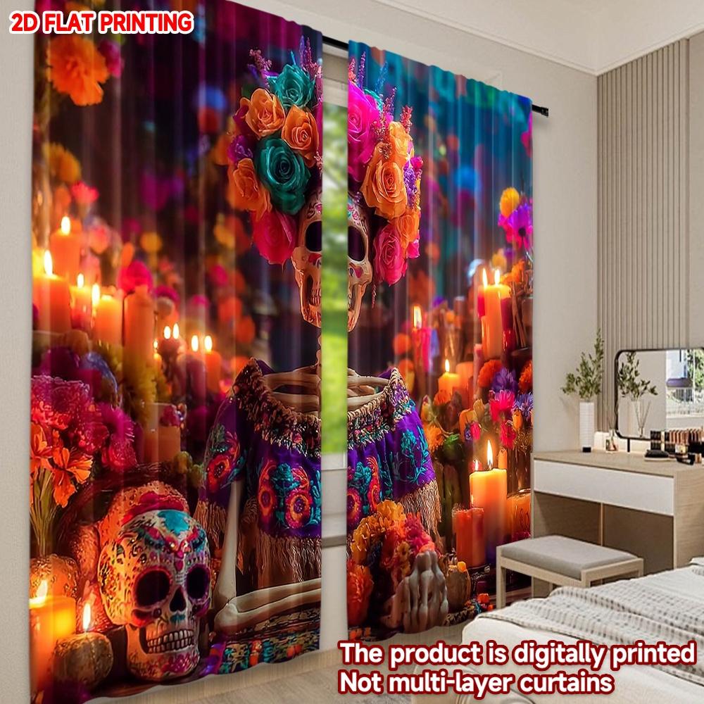 Skull Flower Crown Curtains Digital Printing Sugar Marigold Candle Pattern Day Dead Theme Room Decor Set Of 2 Made Polyester