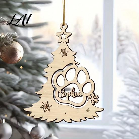 Creative Wooden Pet Pendants Wood Christmas Tree Pendant with Paw Print Hollow Engraved Hanging Handmade Decorations for Ornament Rustic Style Craft