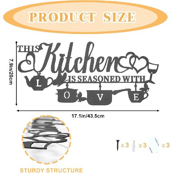 Metal Kitchen Wall Decor, This Kitchen is Seasoned with Love Black Word Name Sign Hanging Wall Art Decor, Rustic Iron Letters Quotes for Kitchen