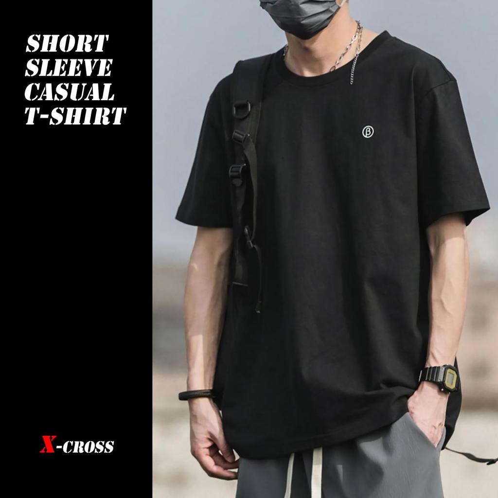 Short Sleeve Solid Short Sleeve Simple Crew Korean Size 50s X-cross Men's T-Shirt, Black, Color, Sportswear, Cotton/Polyester, One-Point Design,
