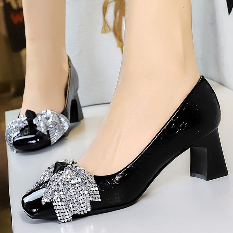 Fashion Mary Jane shoes Women Pumps Rhinestone bowknot Mid heeled square toe high heels 5 cm Luxury banquet shoes Ladies shoes