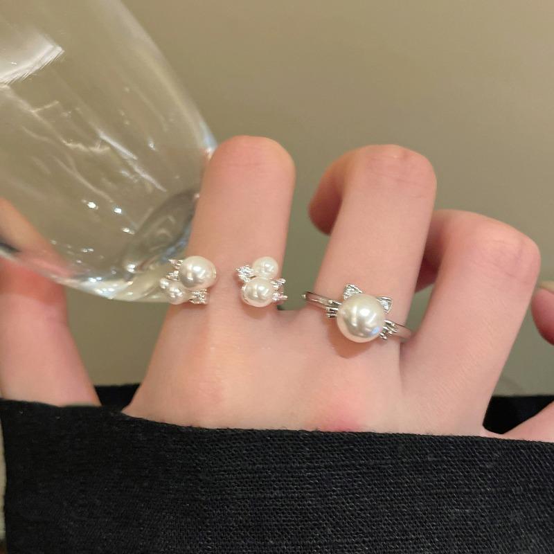Cold wind zircon pearl opening ring Korean elegant temperament versatile index finger ring light luxury high-end jewelry women