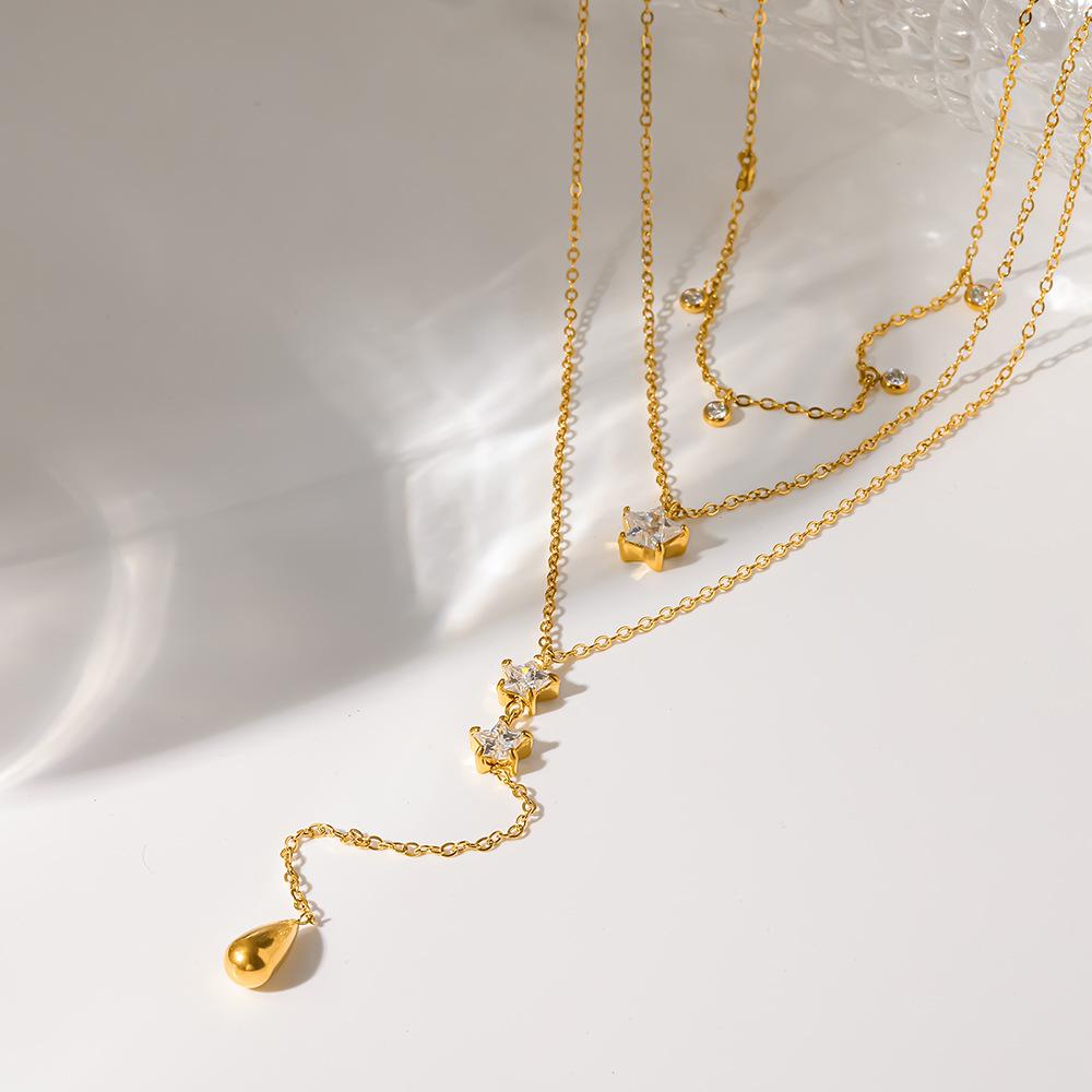 European and American Zircon Five-pointed Star Three-layer Y-chain Plated 18K Gold Stainless Steel Waterproof Necklace High-end Jewelry Women