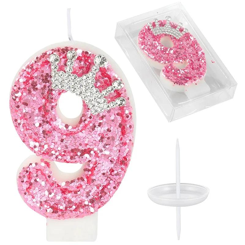 

Glitter Birthday Candle for Cake Decor Pink Numebr 0-9 Candle with Crown Cake Topper for Girl Women Birthday Unicorn Party Decor