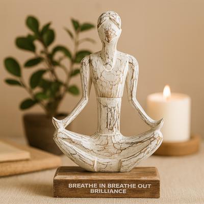 Wooden Yoga Sculpture Whitewashed Easy Pose Decor