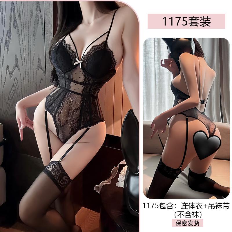 Erotic Underwear Pure Sensual Jumpsuit with Chest cushion Lace Seductive Pajamas See-through Open-crotch Uniform 1175