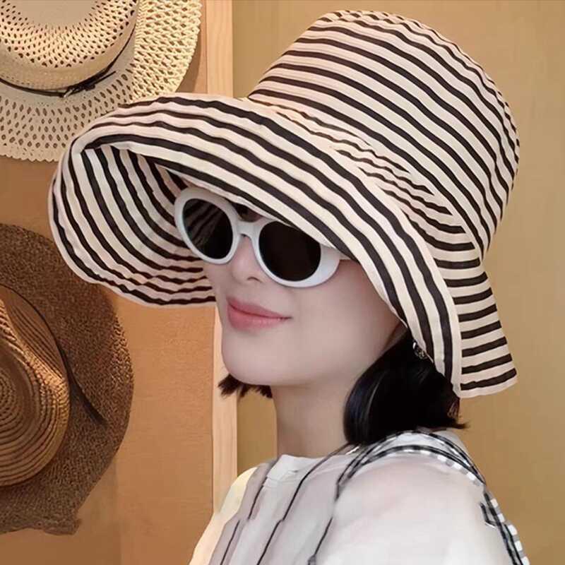 Elegant Women's Retro Style Versatile Bucket Hat with Ribbon Stripes Wide Brim Sun Protection Fisherman Hat