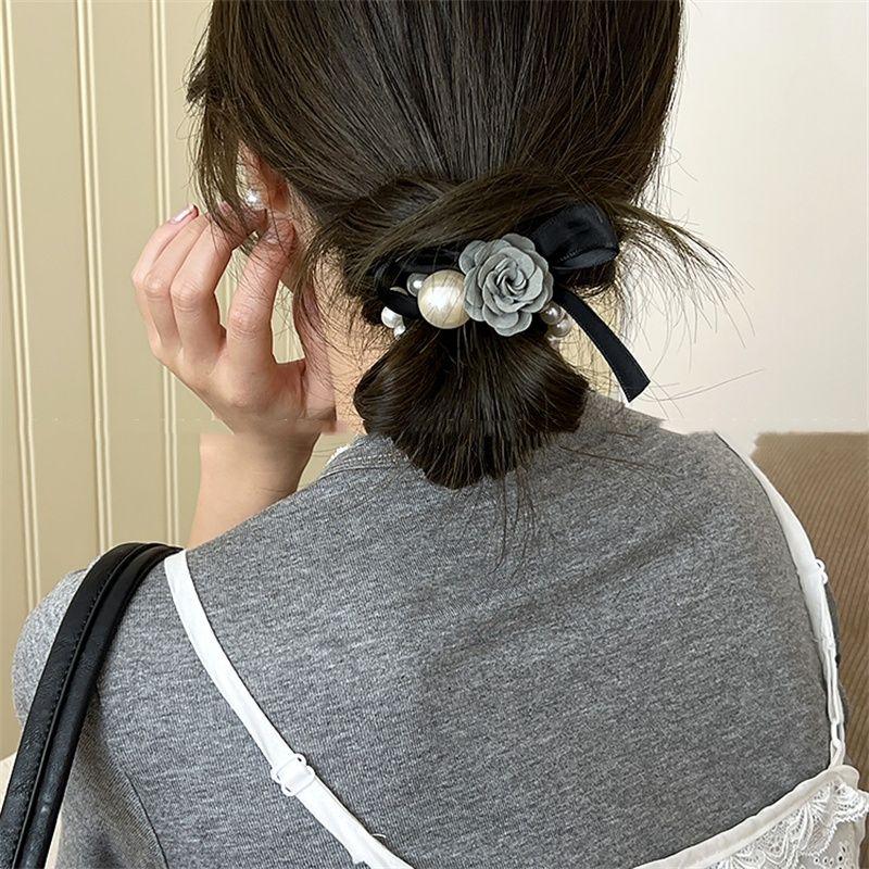 French Elegant Rose & Pearl Hair Scrunchie - Stylish Versatile Bow Hair Tie, Elastic Hair Band for Ponytails