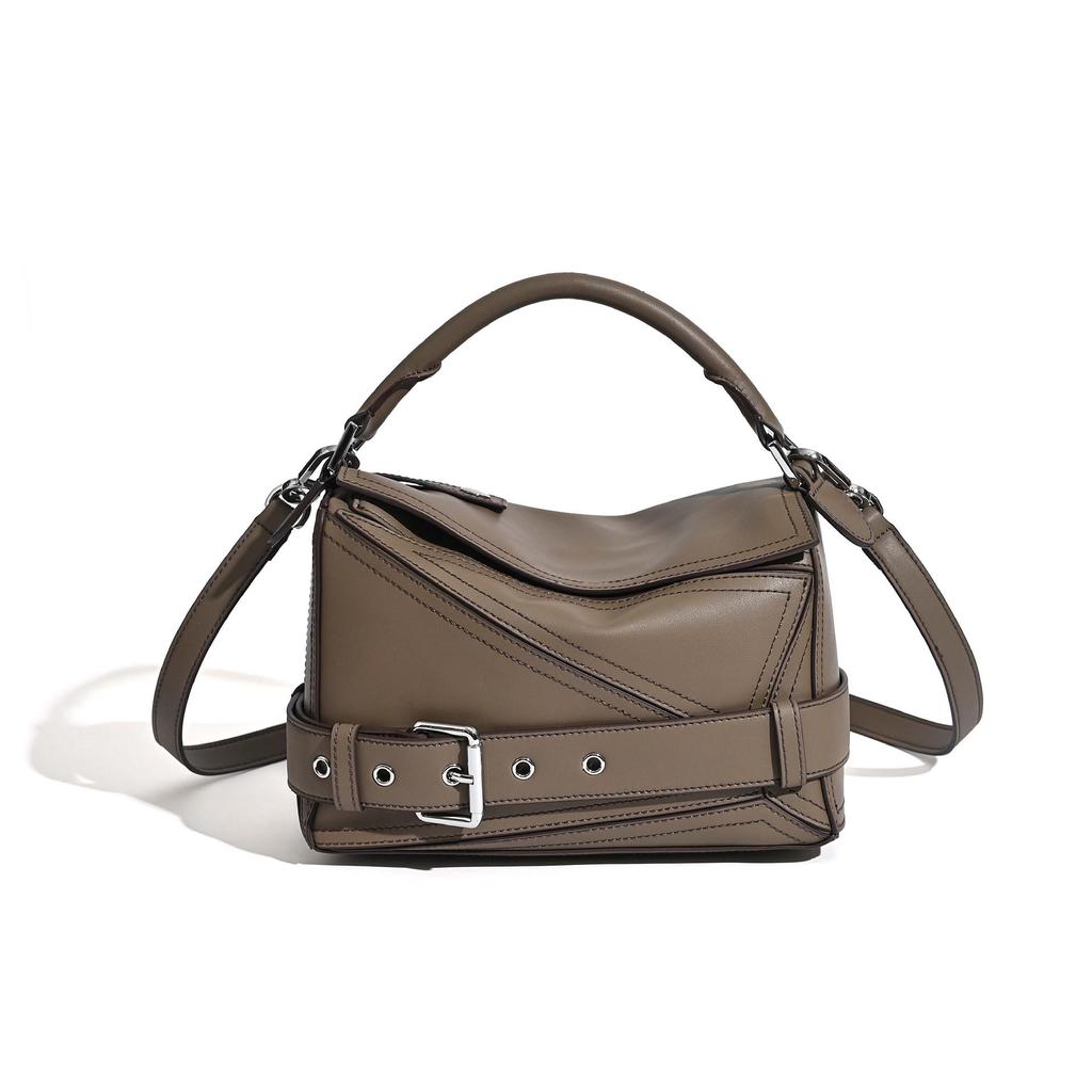 2025 Autumn Geometric Cowhide Crossbody Biker Bag - Large Capacity Genuine Leather Handbag for Women