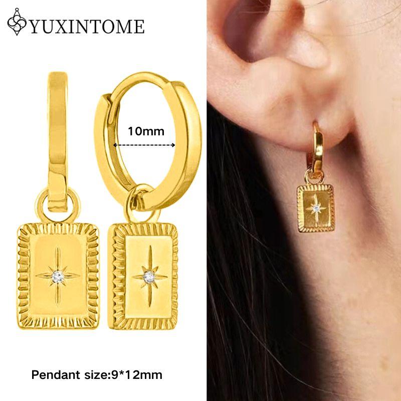 YUXINTOME 925 Silver Ear Needle Zircon Hoop gold Earrings For Women Square Plate Pendant Cutout Heart Earrings Fashion Jewelry