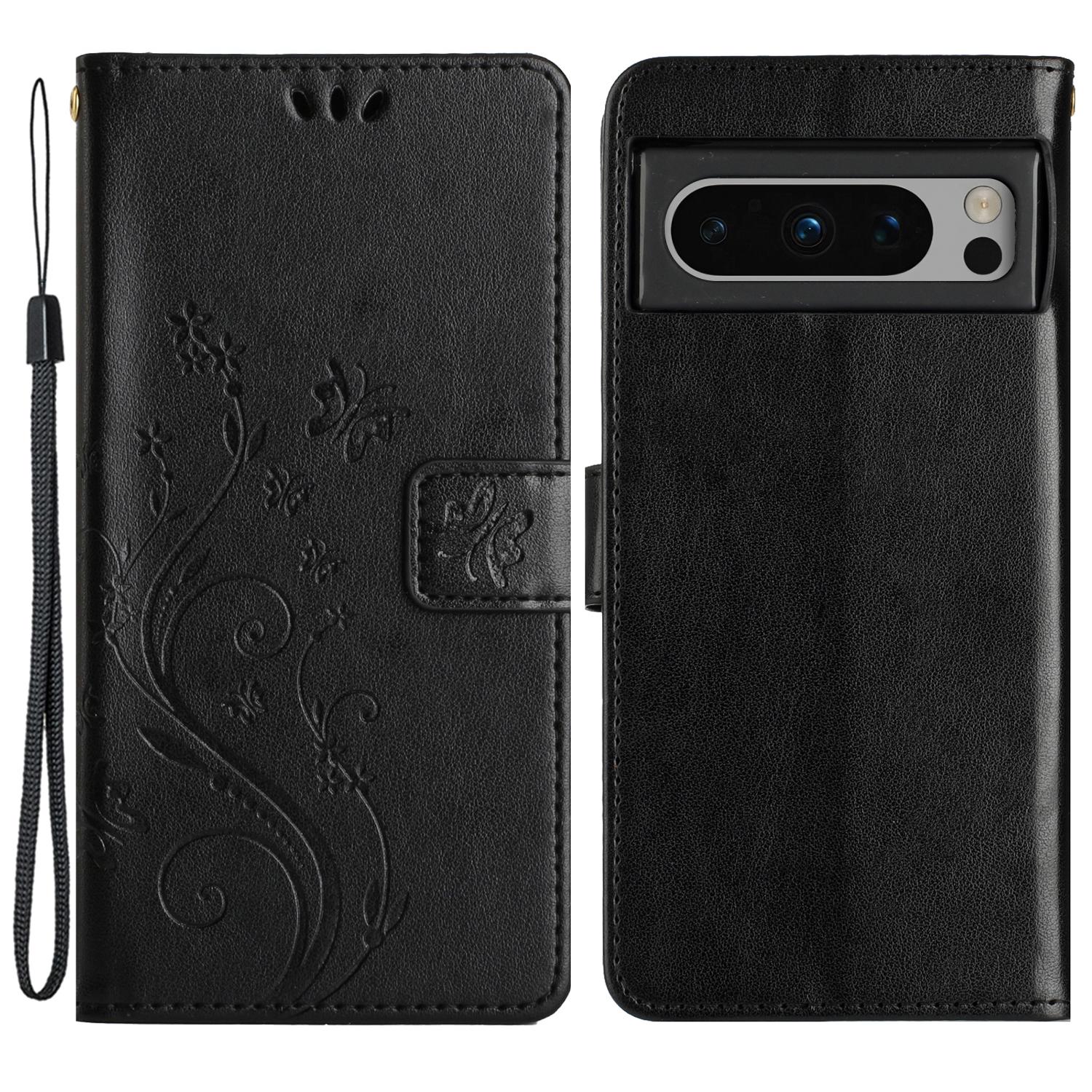 

For Google Pixel 8 Pro Imprinted Butterfly Pattern Phone Shell Wallet Stand PU Leather Phone Cover Case Black