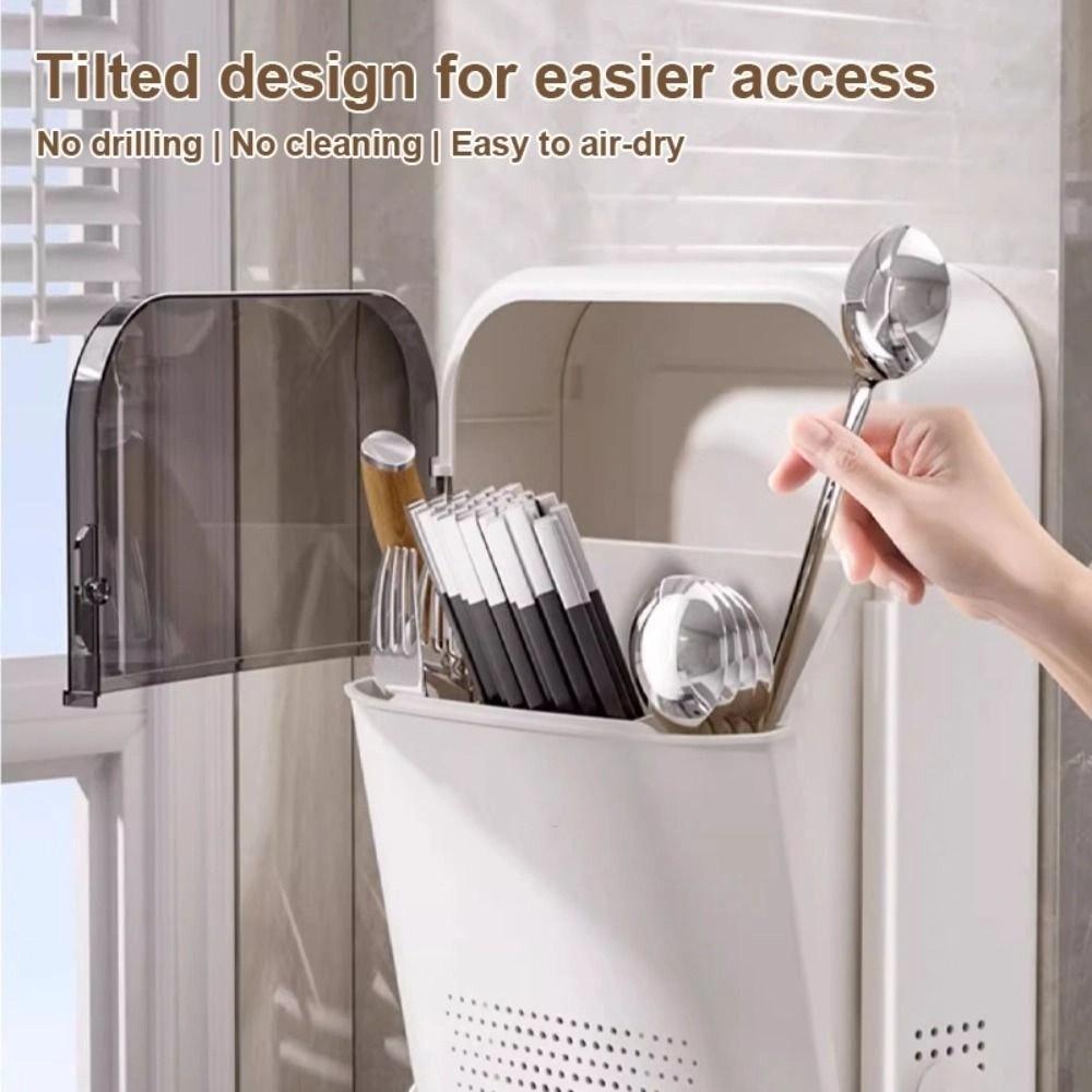 Dustproof Design Flip Top Chopstick Storage With Lid Spoon Fork Organizer  Kitchen Organization