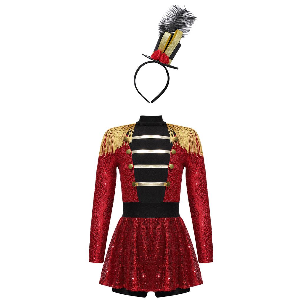 Kids Ringmaster Halloween Costume Set: Sparkling Sequin Bodysuit, Mini Top Hat & Feather Headband for Easy Dress Up & Role Play