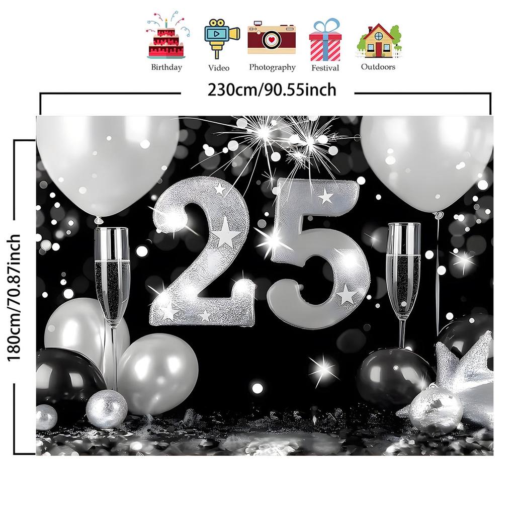 1pc Elegant Black and Silver 25th Anniversary Wedding Backdrop Banner Photography Wall -S