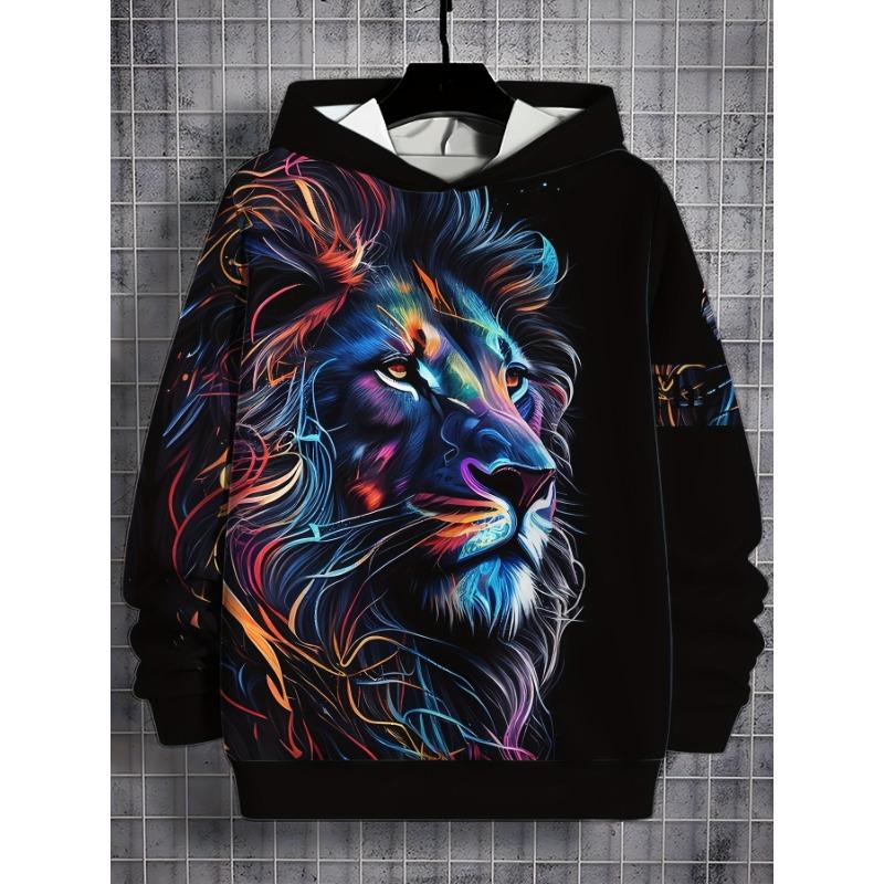 Men's 3D Printed Lion Hoodie - Casual Polyester Knitted Fabric, Regular Pattern
