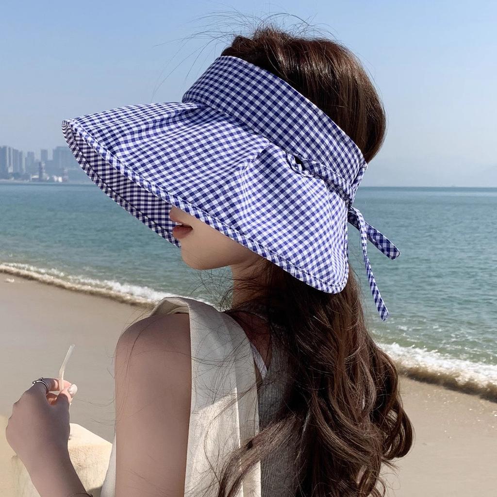 Xiaohongshu Age-reducing Plaid Empty Top Hat Women's Spring and Summer Big Brim Travel Sun Protection Visor Sun Hat