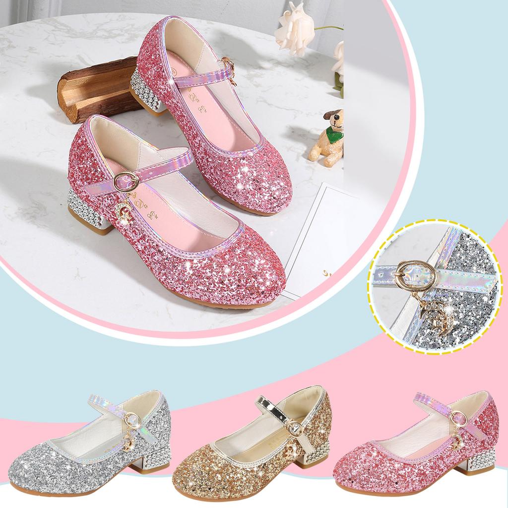 Girls Shoes Children High Heel Glitter Rhinestone Sandals Buckle Kids Princess Dance Shoe Student Performance Leather Shoes