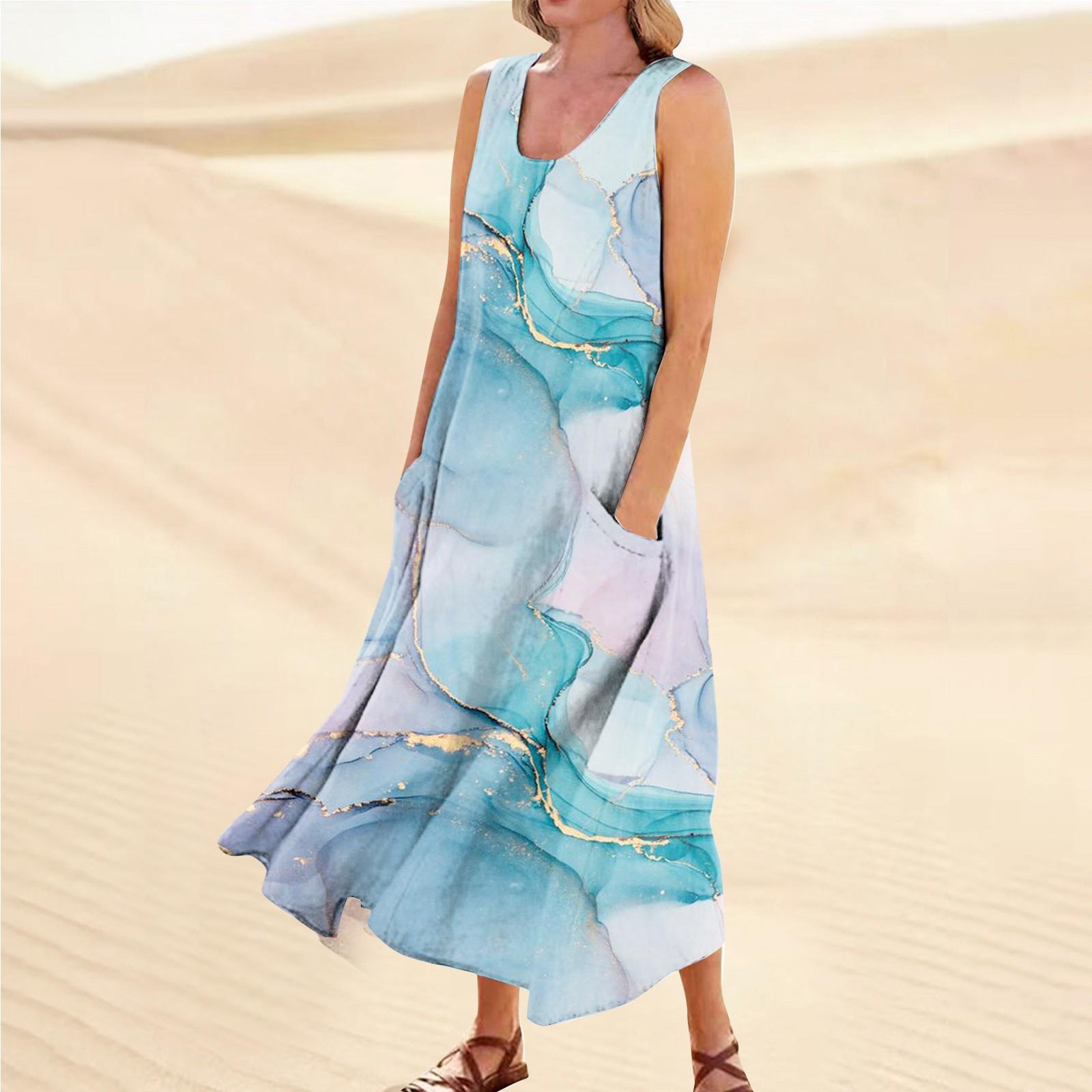 

Жіноча літня повсякденна модна сукня без рукавів із круглим вирізом і кишенями з принтом S