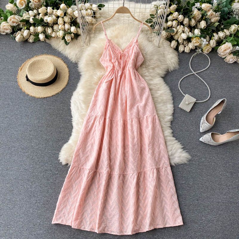 V Neck Silm Long Machine Embroidery Sling Dress