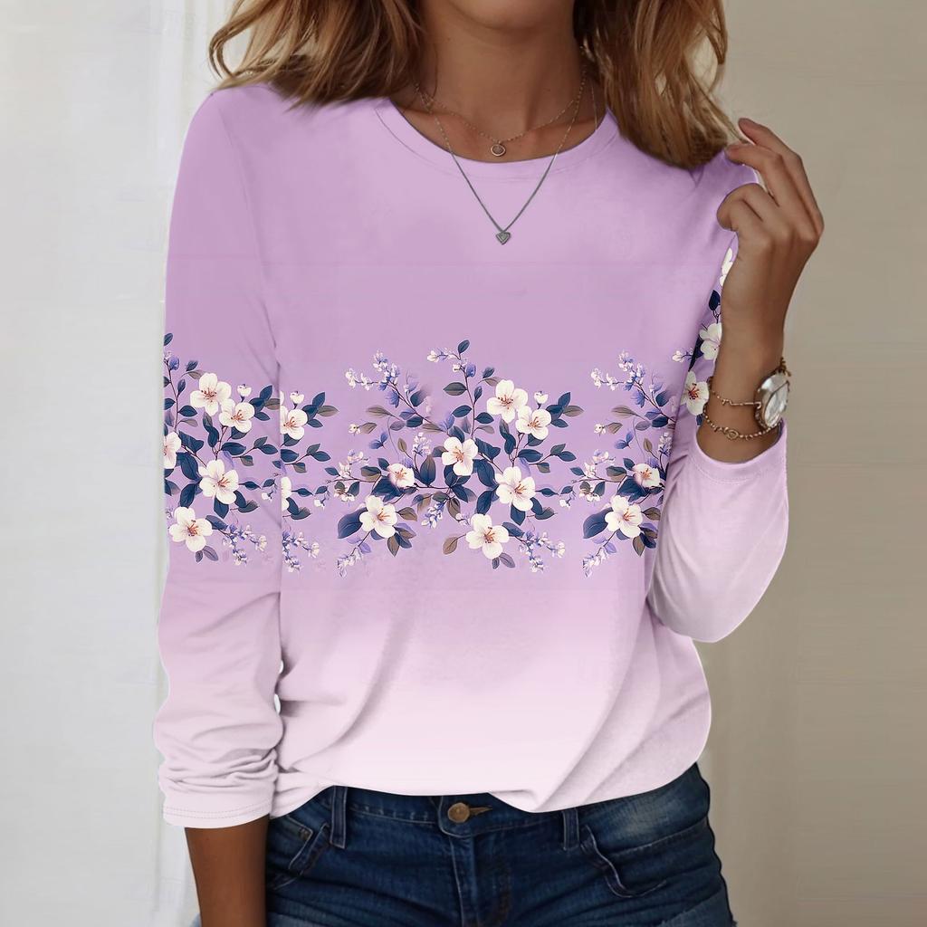 Koszule damskie z długim rękawem Śliczne nadruki Koszulki z nadrukami Bluzki Casual Plus Size Podstawowe topy Pulowery