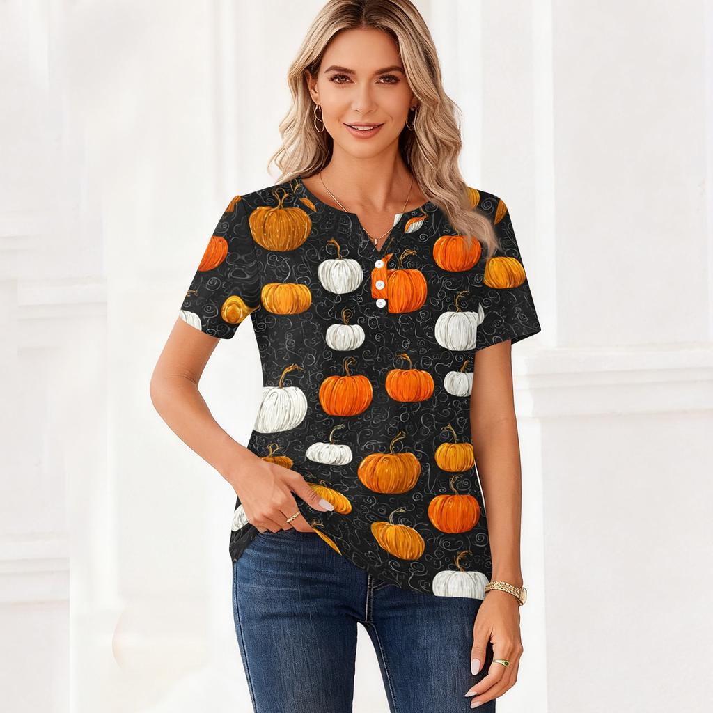 Women V Neck Short Sleeve T Shirt with Decorative Buttons Halloween Pumpkin Printed Casual Loose Fit Top for Daily Wear