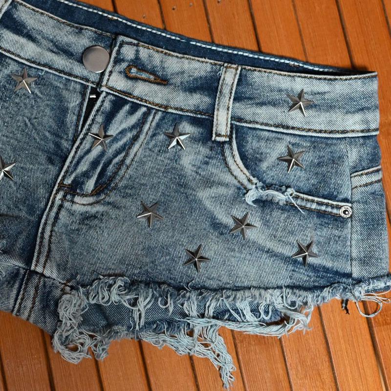 Frayed Distressed Rivet Ultra Low-Rise Hot Denim Shorts for Women