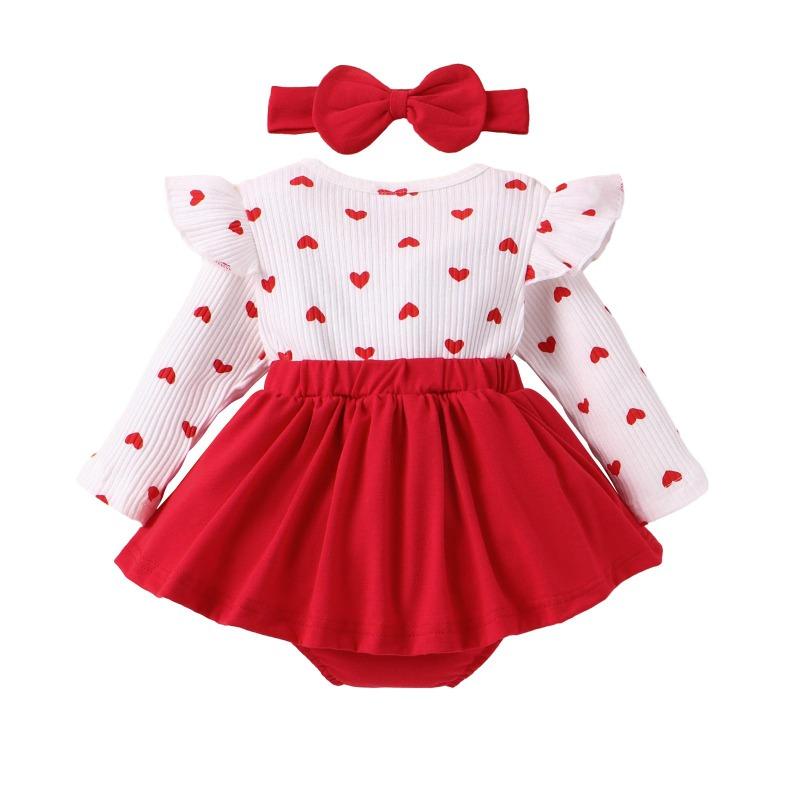 Høstbaby jenter Valentinsdag Kjole 3M 6M 9M 12M 18M Langermet Ruffle Heart Bokstavtrykk jumpsuits med pannebånd