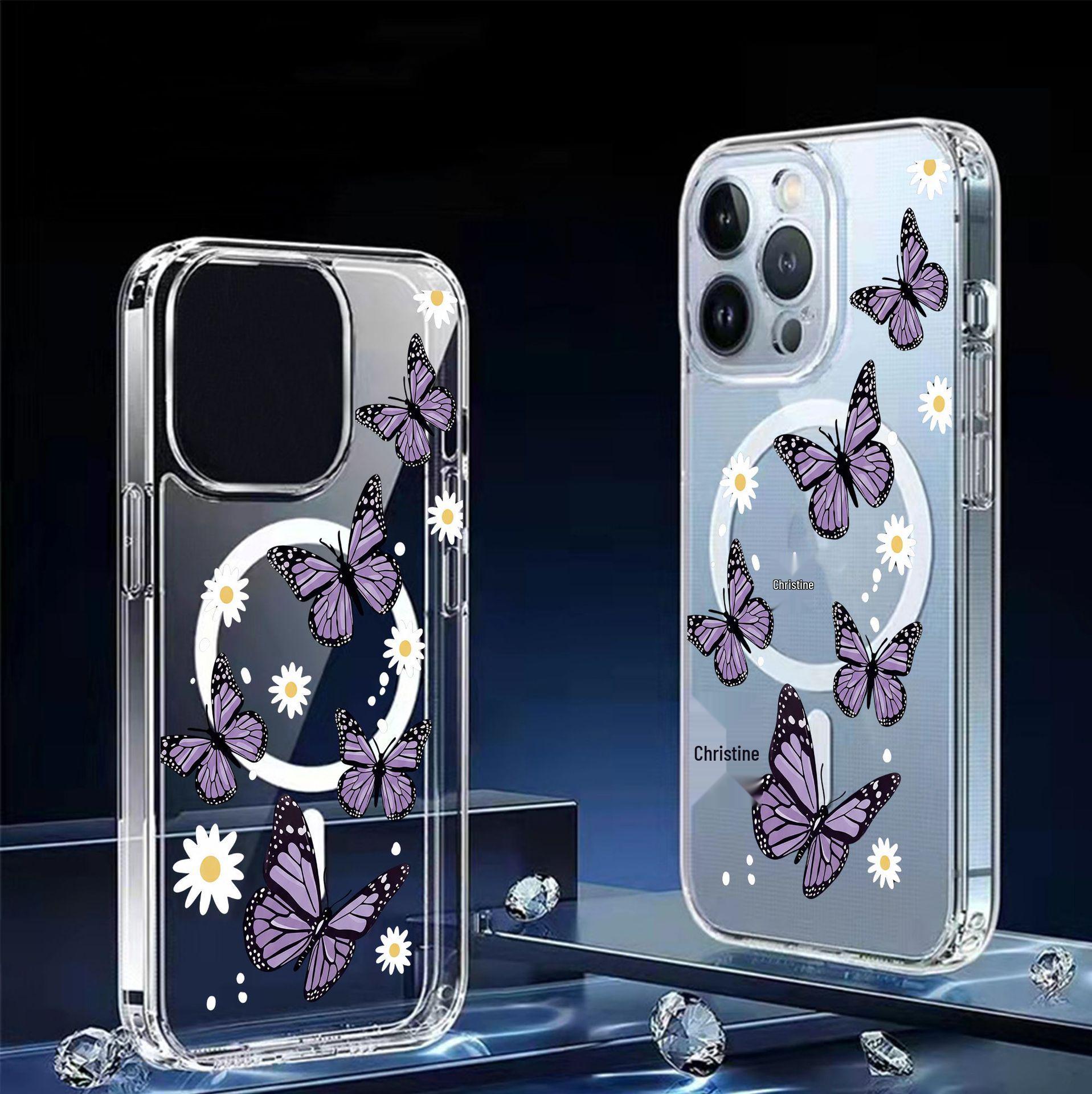 

Purple Butterfly Floral Magnetic Phone Case for iPhone 15/16/17 Pro Max – Transparent Full Coverage Galaxy S25 прозрачный
