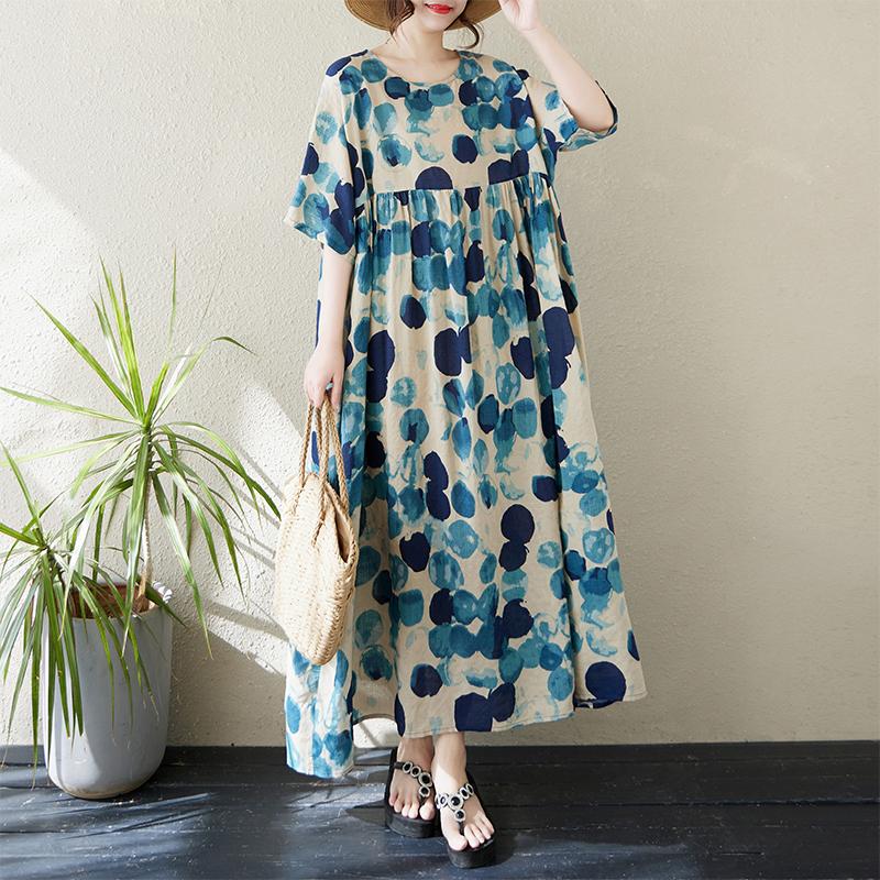 Dimanaf 2024 Plus Size Dress New Summer Basic Loose Women O-Neck Vintage Short Sleeve Big Size Beach Long Dress