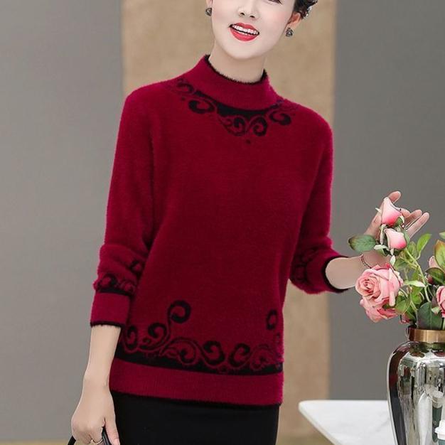 Women's Thick Faux Mink Fleece Sweater Autumn Winter Long Sleeve Printed Knitted Pullover Sweater Loose Warm Stretch Knit Sweater